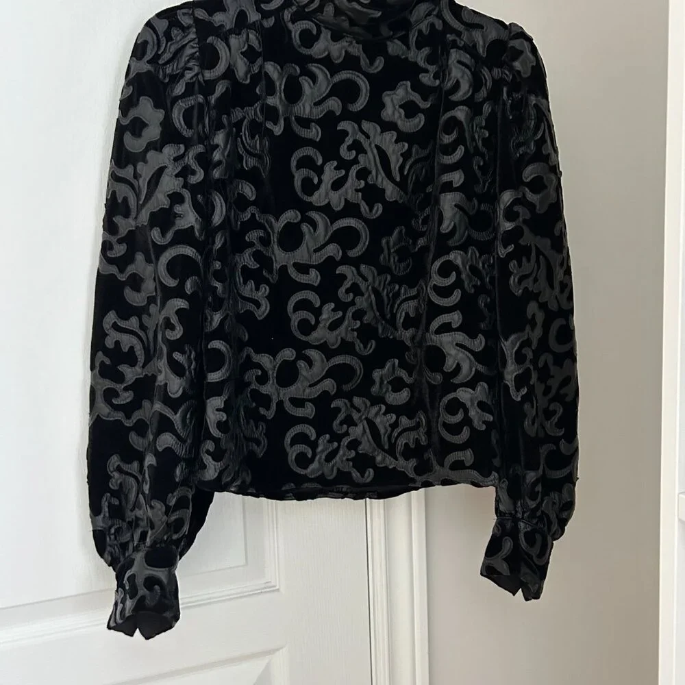 Zara Velvet Baroque/Gothic Appliqué Blouse with Funnel Neck Detail SZ XS - Picture 3 of 8